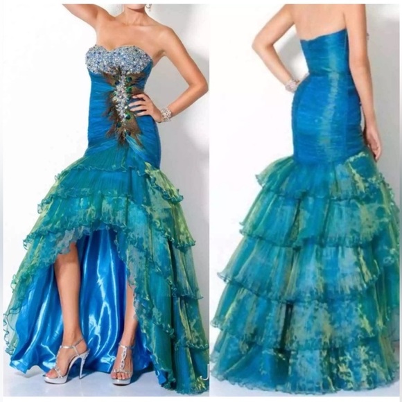 JOVANI Teal HighLow Ruched Ruffles Rhinestones Peacock Feathers Gown 4 NWT - Picture 1 of 16